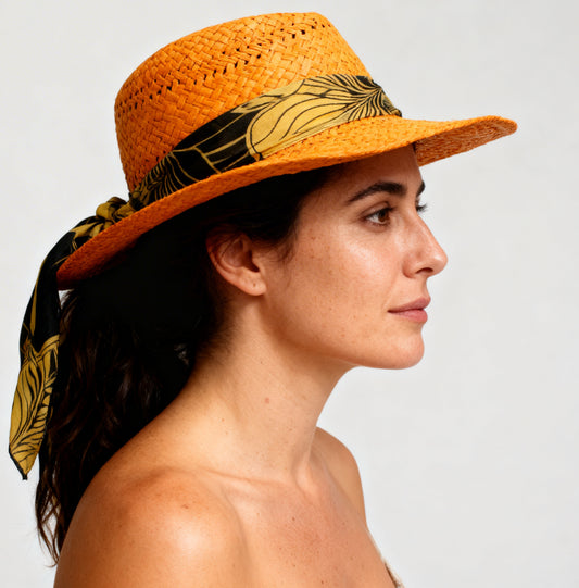 The Marrakech — Wide Brim Orange Straw Hat | Tropical Silk Scarf | Made in Italy