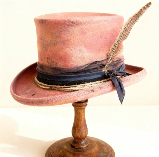 Pink Watercolor Dream – Edgy Distressed Wool Felt… – handmade wool felt top hat by artisan Ruby Cantero, detail view 3 | Pokijomba Hats