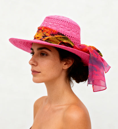 The Marbella — Wide Brim Hot Pink Straw Hat |… – handcrafted straw hat made in Italy, detail view 2 | Pokijomba Hats