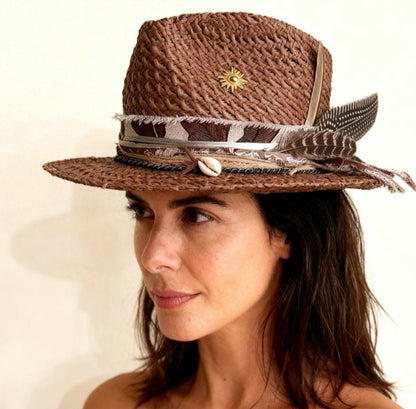 Straw Medium Brim Fedora Hat – Summer Hat – handmade straw fedora hat by artisan Ruby Cantero, detail view 2 | Pokijomba Hats