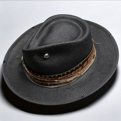 Straw Medium Brim Fedora Hat – Summer Hat – handmade straw fedora hat by artisan Ruby Cantero, detail view 3 | Pokijomba Hats