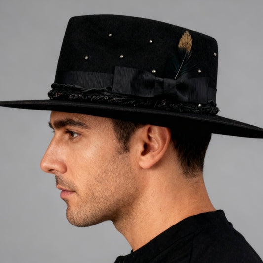 Noir – Black Wool Felt Fedora Hat – Gold Details