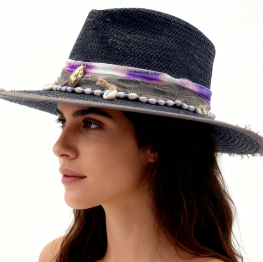 Berta – Black Straw Vegan Fedora Hat – Bohemian Style – Summer Hat