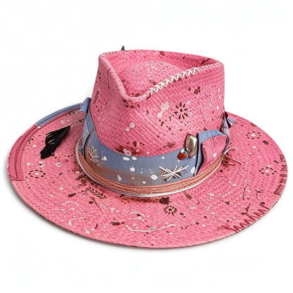 Wide Brim Pink Straw Hat – Artist – handmade straw wide brim hat by artisan Ruby Cantero, detail view 2 | Pokijomba Hats