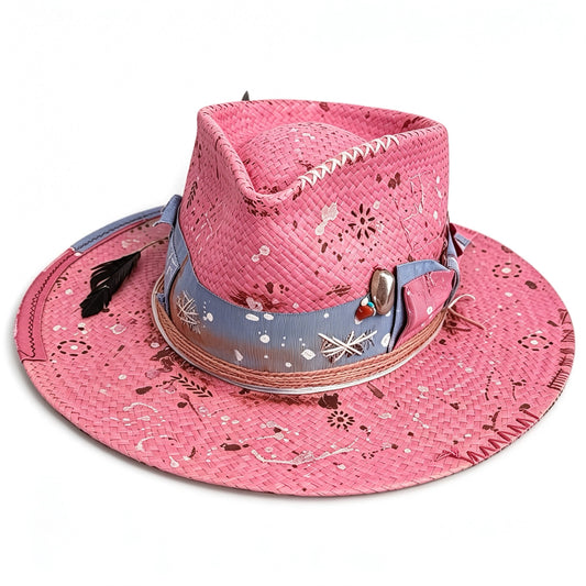 Wide Brim Pink Straw Hat – Artist – handmade straw wide brim hat by artisan Ruby Cantero, detail view 2 | Pokijomba Hats