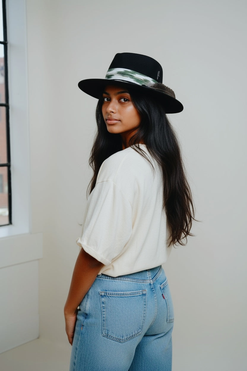 The Arizona – Rock Boho Style – Dark Green “Llengua Mallorquina” Ribbon – Felt Fedora Hat