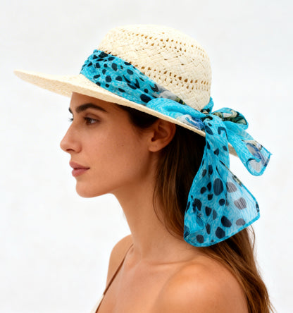 The Formentera — Wide Brim Cream Straw Hat | Turquoise Animal Print Silk Scarf | Made in Italy