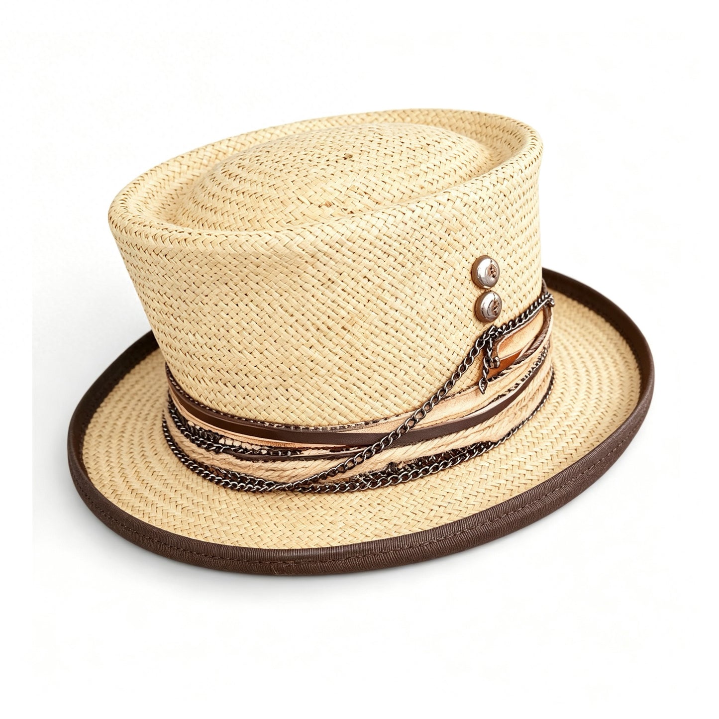 Beige Straw Top Hat – Summer Rare Top Hat – handmade straw top hat by artisan Ruby Cantero, detail view 3 | Pokijomba Hats