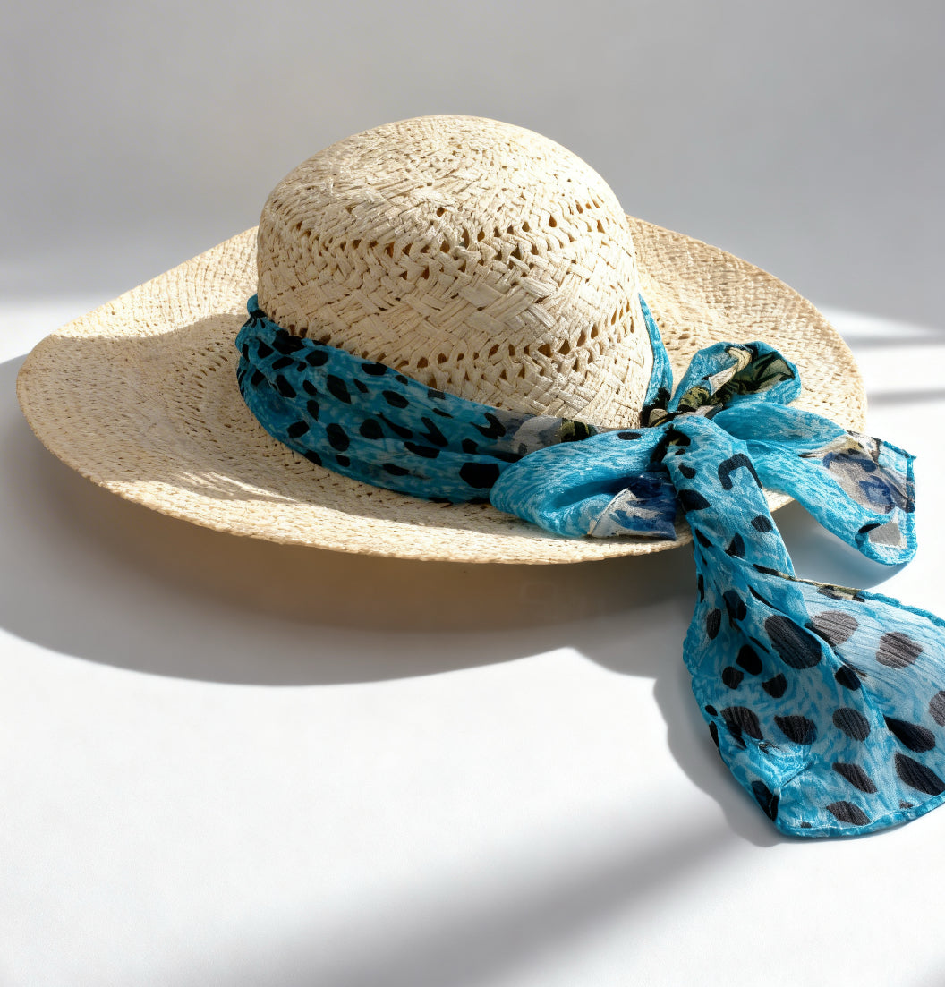 The Formentera — Wide Brim Cream Straw Hat | Turquoise Animal Print Silk Scarf | Made in Italy