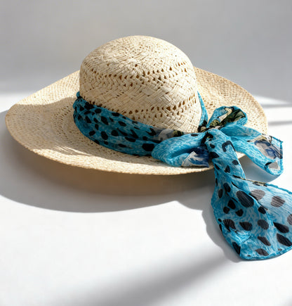 The Formentera — Wide Brim Cream Straw Hat | Turquoise Animal Print Silk Scarf | Made in Italy