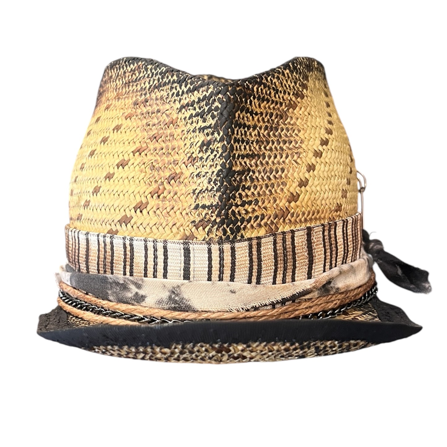 In Stock – Straw Trucker-Style Hat with Chain & Distressed Trim