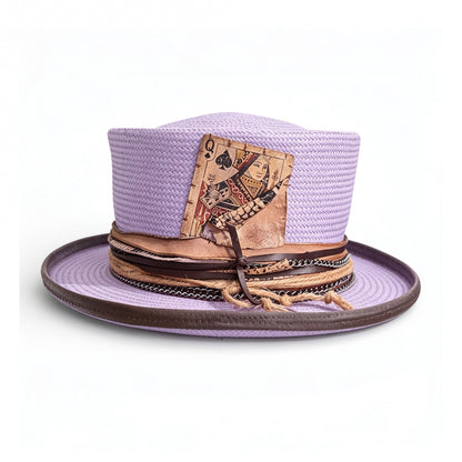 Purple Straw Top Hat – Summer Rare Top Hat – handmade straw top hat by artisan Ruby Cantero, detail view 3 | Pokijomba Hats