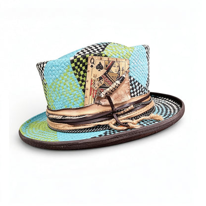 Blue Pattern Straw Top Hat – Summer Rare Top Hat – handmade straw top hat by artisan Ruby Cantero, detail view 2 | Pokijomba Hats